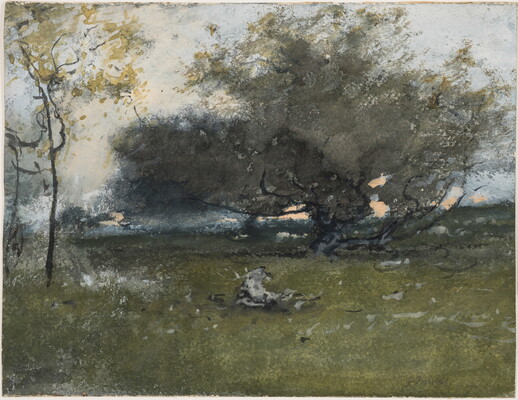 An impressionist-style watercolor of a large apple tree surrounded by grass.