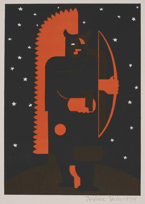 A color print in red and black of a humanoid figure with horns holding a bow and arrow surrounded by white stars.