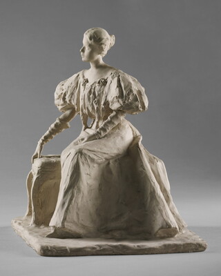 A white, plaster sculpture of a young woman sitting on a bench in a long dress with puffy sleeves.