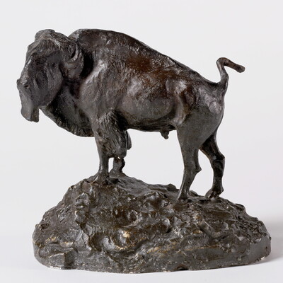 A brown sculpture of a bison standing on a slightly rocky incline.