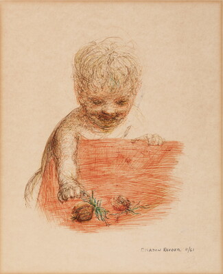 A sketch of a White child with blond hair leaning over a red table to grab a strawberry.