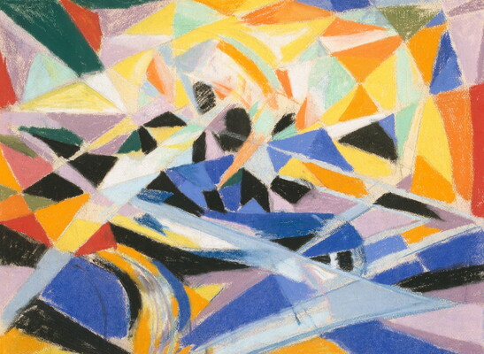 A brightly colored pastel of various, abstract, angular shapes.