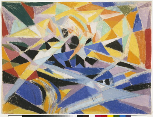 A brightly colored pastel of various, abstract, angular shapes.