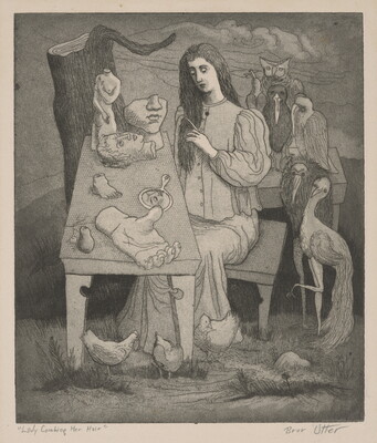 A black-and-white print of woman surrounded by birds, combing her hair at table cluttered with sculptures of body parts.