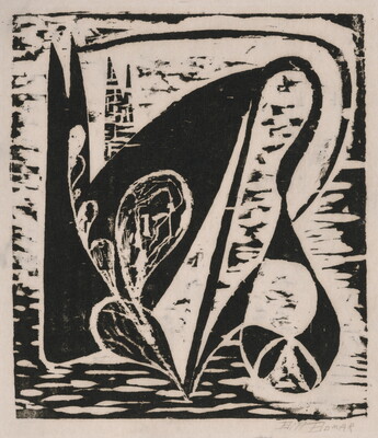 An abstract black-and-white print of plant-like shapes stretching and bending over chunky, black shapes.