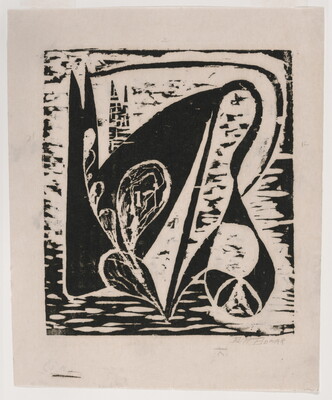 An abstract black-and-white print of plant-like shapes stretching and bending over chunky, black shapes.