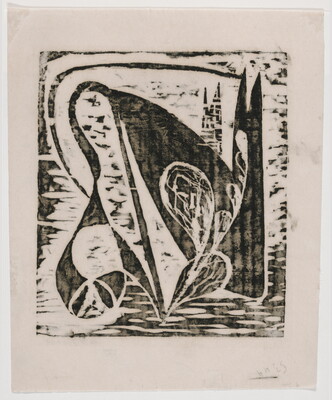 An abstract black-and-white print of plant-like shapes stretching and bending over chunky, black shapes.