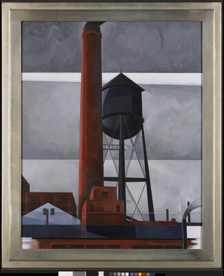 An oil painting of a red, industrial chimney and gray water tower above factory buildings.
