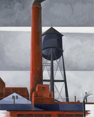 An oil painting of a red, industrial chimney and gray water tower above factory buildings.