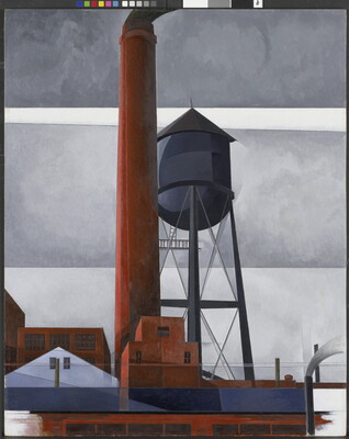 An oil painting of a red, industrial chimney and gray water tower above factory buildings.
