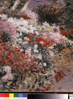 A detail of a colorful, impressionist-style painting of red, white, pink, and orange flowers in a garden.