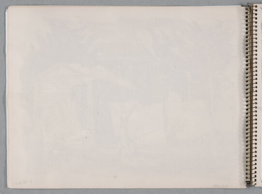 A watercolor drawing of a woman hanging laundry behind a small building on a page of a bound sketchbook.