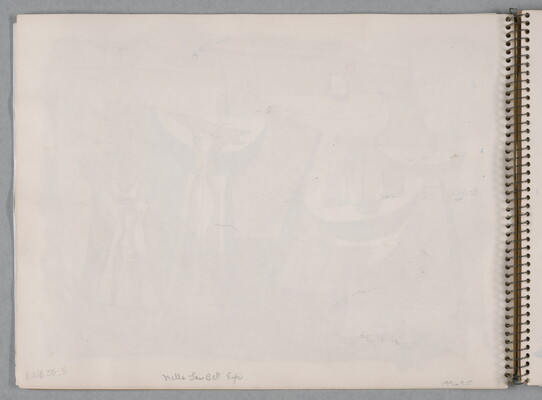 A watercolor drawing of abstract, human-like figures on a page of a bound sketchbook.