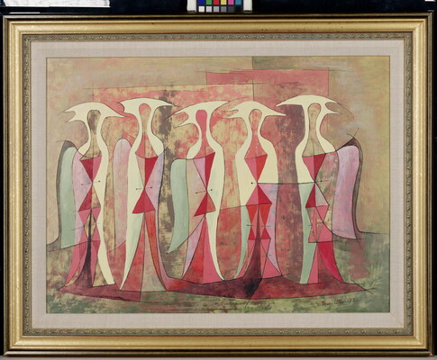An abstract oil painting of five soft colored bird-like figures standing side-by-side in landscape orientation.