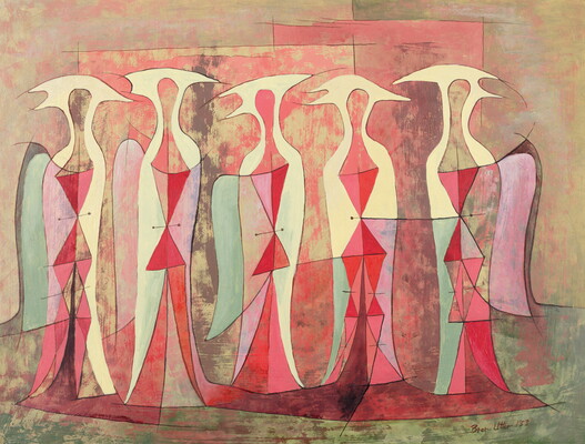 An abstract oil painting of five bird-like figures in reds, yellows, and greens standing side-by-side in landscape orientation.