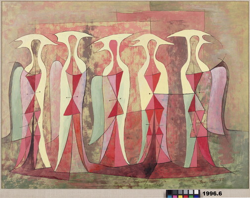An abstract oil painting of five soft colored bird-like figures standing side-by-side in landscape orientation.