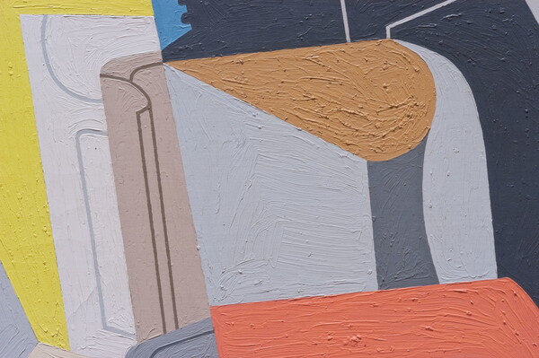A detail of an abstract oil painting of an eggbeater, a glove, and a fan flattened into geometric shapes.