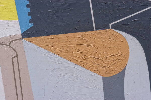 A detail of an abstract oil painting of an eggbeater, a glove, and a fan flattened into geometric shapes.