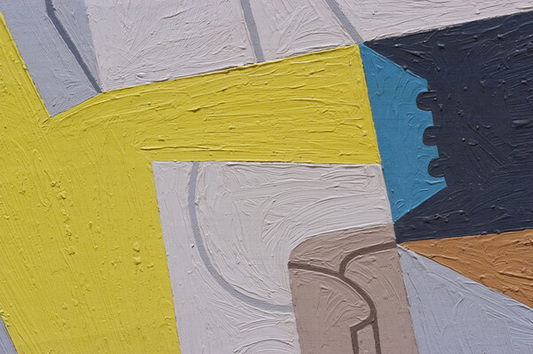 A detail of an abstract oil painting of an eggbeater, a glove, and a fan flattened into geometric shapes.