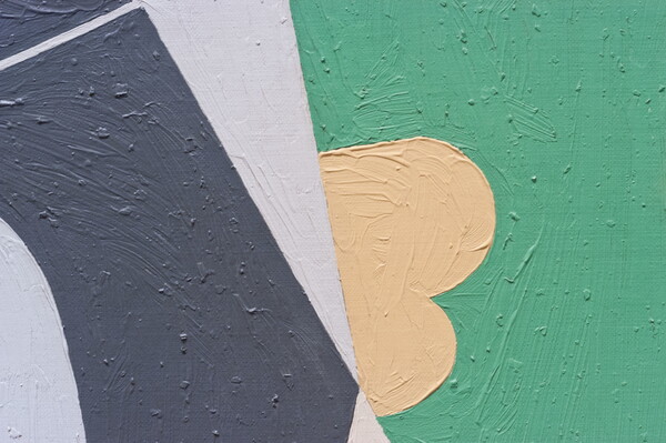 A detail of an abstract oil painting of an eggbeater, a glove, and a fan flattened into geometric shapes.