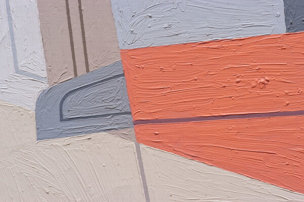 A detail of an abstract oil painting of an eggbeater, a glove, and a fan flattened into geometric shapes.