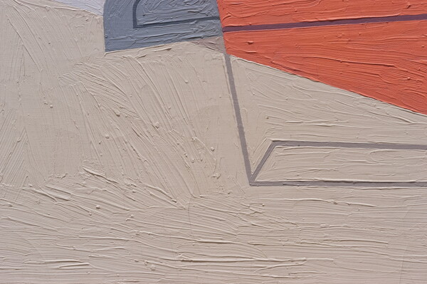 A detail of an abstract oil painting of an eggbeater, a glove, and a fan flattened into geometric shapes.