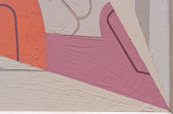 A detail of an abstract oil painting of an eggbeater, a glove, and a fan flattened into geometric shapes.