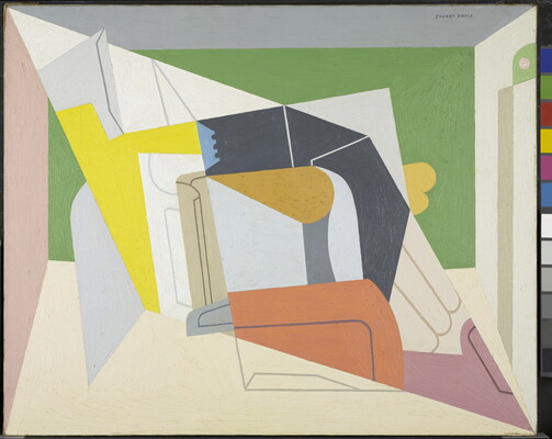 An abstract oil painting of an eggbeater, a glove, and a fan flattened into geometric shapes.