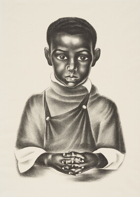 A black-and-white print of a Black child with short hair wearing a loose high-necked shirt under overalls, his hands linked in front of him.