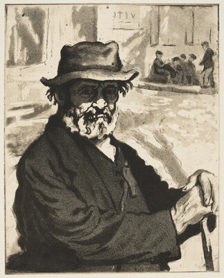 A black-and-white print of an older man with a beard wearing a crinkled fedora and overcoat; his hands rest on a cane in front of him.