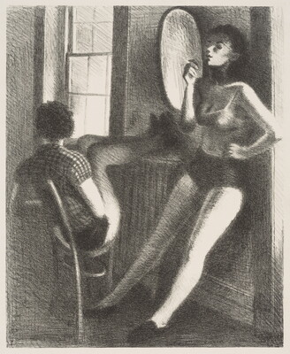 A black-and-white print of two White women: one standing and smoking a cigarette, the other on a chair with her feet propped on a radiator.