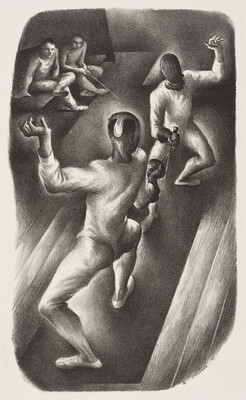A black-and-white print of two people in fencing uniforms engaging each other with swords as two others watch.