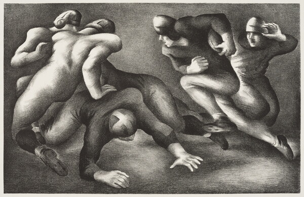 A black-and-white print of men in football uniforms running and tackling on an unmarked, unidentified field.