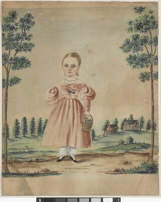 A watercolor of a White child with blonde hair wearing a pink dress and holding a basket; a farm and trees in the background.
