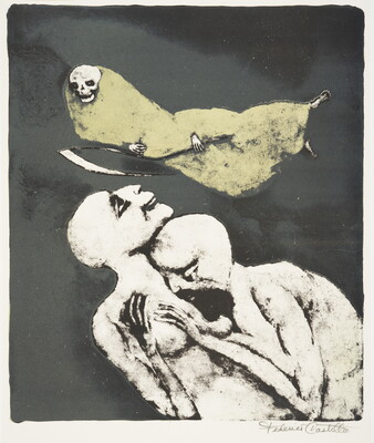 A print in muted colors of a skeleton wrapped in a robe and holding a scythe floating above two naked human figures huddled together.