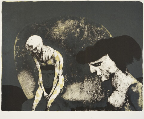 An abstract black-and-white print of a nude person who appears to be seated on the shoulders of another person next to the profile of a woman looking down.