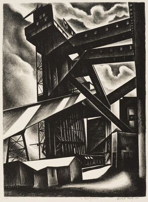 A black-and-white print of industrial buildings and towers as viewed from the ground, with a cloudy sky in the background.