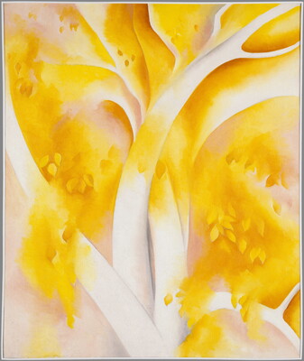 An abstract oil painting of the branches of a white birch tree with yellow leaves.