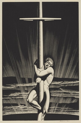 A black-and-white print of a nude White man, arms and legs wrapped around the mast of a ship, as sunlight shines through the clouds.