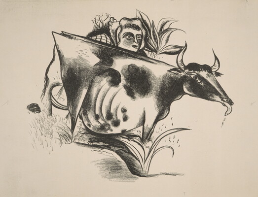 An abstract black-and-white print of a cow standing in grass as a woman, everything but her head blocked by the cow, milks it.