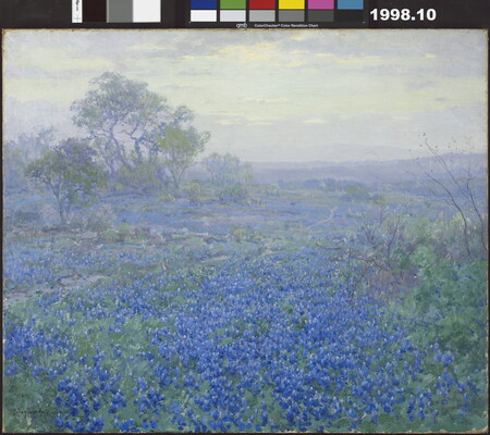 An oil painting of a field of bluebonnets on a cloudy day.