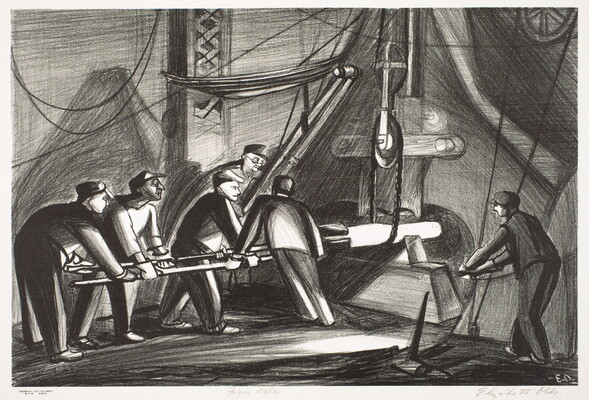 A black-and-white print of workers using large machinery in a factory.