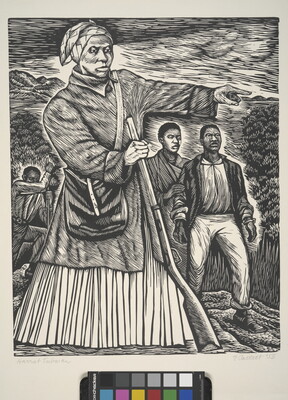 A black-and-white print of Harriet Tubman pointing the way for several Black figures behind her.