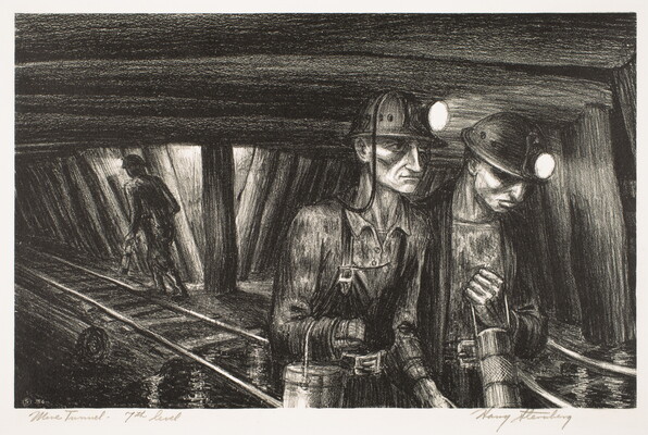 A black-and-white print of two men walking close together in a tunnel with wood supports, both wearing helmets with headlamps and carrying metal pails.