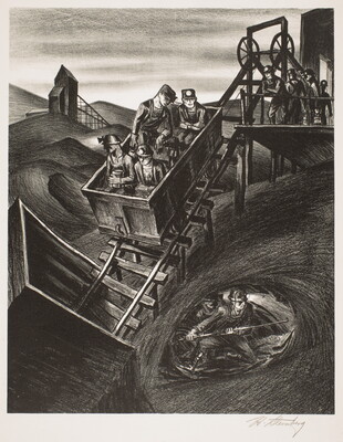 A black-and-white print of people riding in a rail cart that is heading into a hillside tunnel as other workers watch from a platform.