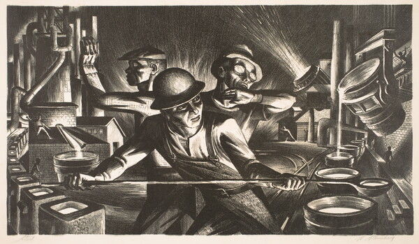 A black-and-white print of people working with molten metal in a factory.