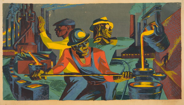A color print in bright reds, yellows, blues, and greens of people working with molten metal in a factory.