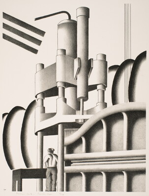 A black-and-white print of a man standing at a table that is under a large piece of machinery.