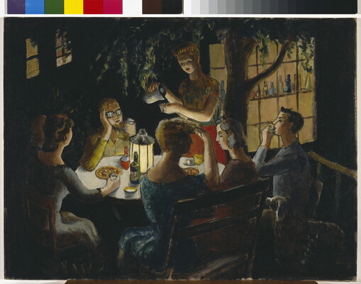 An oil painting of a group of people eating and drinking at a table outside at night.