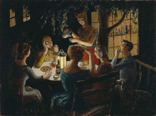 An oil painting of a group of people eating and drinking at a table outside at night.